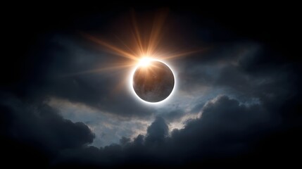 A spectacular solar eclipse illuminates the dark sky revealing the sun s brilliant corona through dramatic clouds