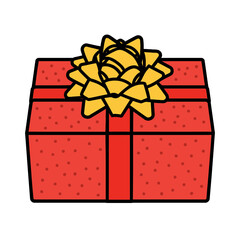 An illustration of a festive red gift box topped with a golden yellow bow and polka dots.