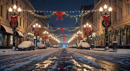 Snowy Christmas Street Background with Festive Lights at Night