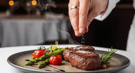 Chefs Hand Seasoning Exquisite Steak with Artistic Flair in a Fine Dining Setting.