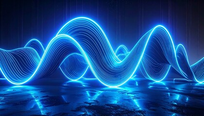 A vibrant digital illustration showcasing a luminescent blue waveform. The image is rendered with a glossy, reflective surface