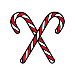 A graphic illustration of two traditional red and white striped candy canes crossed