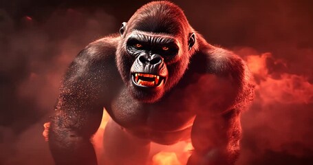 Fierce gorilla emerging from fiery smoke, showcasing strength and intensity in a dramatic setting