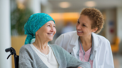 Happy elderly woman sitting in a wheelchair being cared for by a female doctor in a bright medical setting, showing compassion, trust, healthcare support, and positive senior care atmosphere.