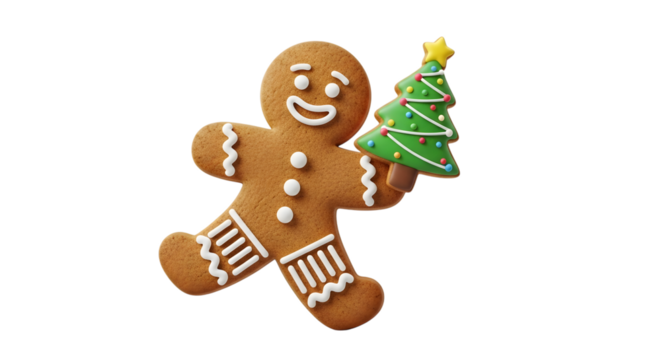 Gingerbread man holding christmas tree isolated on transparent background