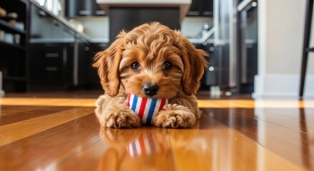Playful Goldendoodle Pup with Toy on Sunny Floor with Home Kitchen.