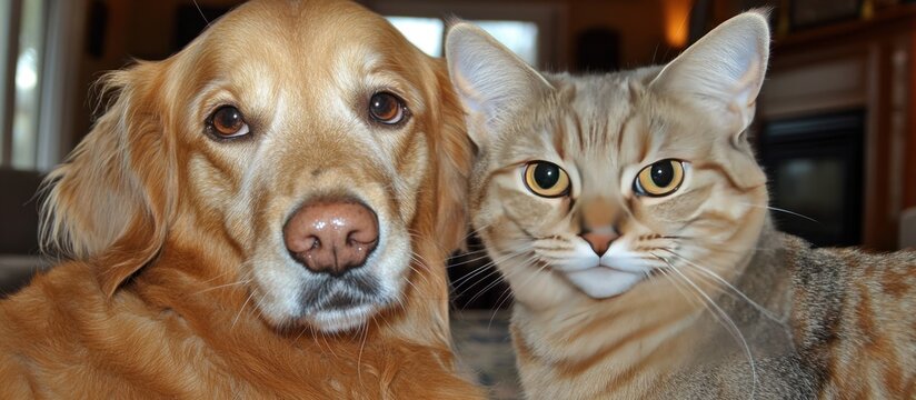 A golden dog and tabby cat pose close together, looking at the camera. Indoors