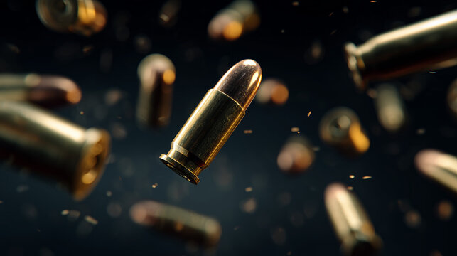 Flying brass bullets captured in midair with dramatic motion, symbolizing action, power, danger, and shooting concept. Ideal for military, crime, action, and weapon themes.