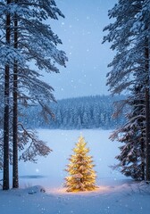A solitary illuminated Christmas tree stands in a serene, snowy forest landscape at twilight.