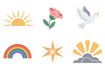 Flat color icons for memory, illustrating sun, flower, rainbow, representing death, remembrance, and mourning symbols,