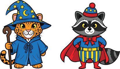 Cartoon leopard wizard and superhero raccoon in costume, colorful anthropomorphic animal characters for kids, fantasy, magic, and adventure themes