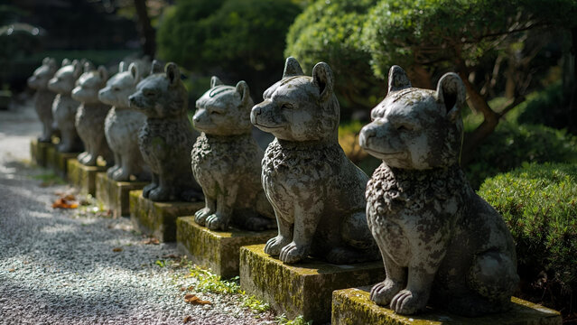 A row of stone dog statues or Komainu in a Japanese garden with natural sunlight