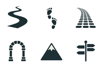 Flat color icons for road, illustrating arch, mountain, footprints, representing life journey and travel destination,