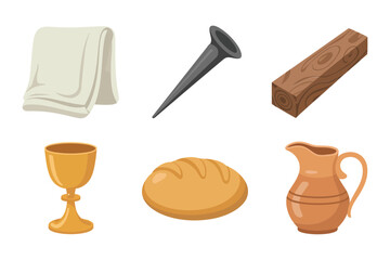 Detailed flat vector icons for faith, showing bread, chalice, cross, representing church, prayer, and religious ceremony,