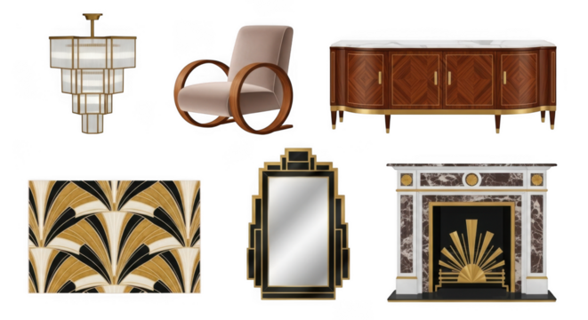Art Deco furniture set including a chandelier chair sideboard wallpaper mirror and fireplace isolated on a white background