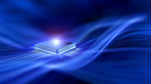 Futuristic microchip glowing in blue waves, representing advanced technology and innovation