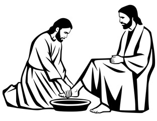 Black line art depicting Maundy Thursday: Jesus Christ performing the Mandatum (washing the feet of a seated disciple, like Peter) with a basin.