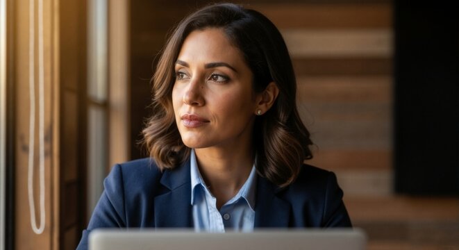 Confident businesswoman thinking in a modern office environment. Portrait of a thoughtful female professional looking out a window. Leadership and career concept - Powered by Adobe