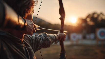 Focused male archer aiming a bow at target with steady stance. Concept of concentration, precision, discipline, and traditional sport training in outdoor setting.