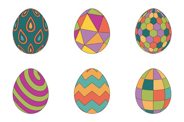 Detailed flat vector icons for spring, showing colorful patterned eggs, representing easter celebration and religious holiday,