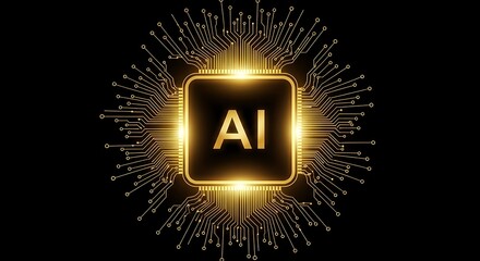 Golden Artificial Intelligence CPU on Black Background for Technology Concepts