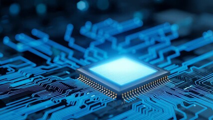Futuristic computer chip glowing with blue technology lights on circuit board background - Powered by Adobe