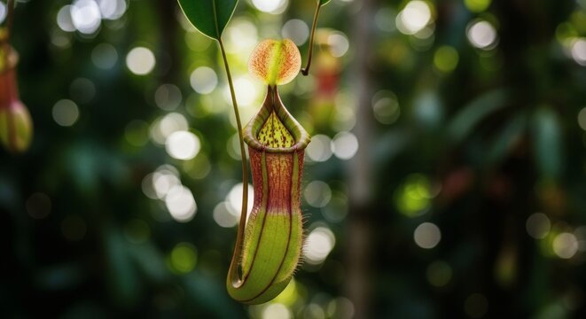 Carnivorous Beauty Pitcher Plant in Lush Jungle with Selective Focus.
