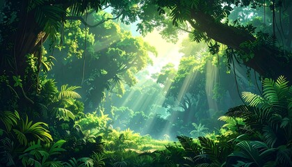 A vibrant forest scene where sunlight pierces through the canopy, illuminating lush green foliage, creating a tranquil atmosphere