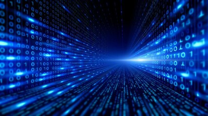 Dynamic binary data stream in blue hues, representing digital technology and information flow - Powered by Adobe