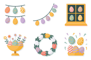 Flat color icons for spring, illustrating garland, wreath, eggs, representing easter holiday and home decoration,