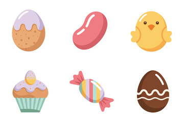 Detailed flat vector icons for spring, showing chicks, beans, candy, representing easter sweets and holiday treats,