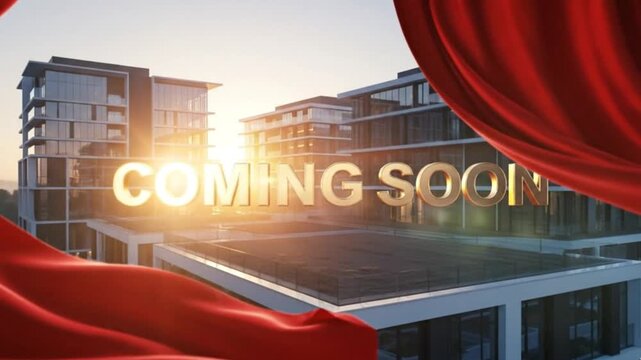 Modern buildings stand in front of an open red curtain with the text "COMING SOON" in front of the building. used for advertising purposes.

