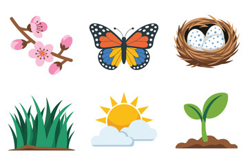 Flat vector icons for season, featuring butterfly, flowers, nest, representing growth, nature, and new life,