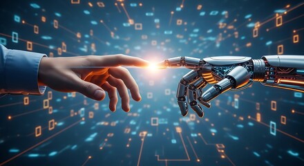 Human and Robot Hands Touching with Digital Interface Concept