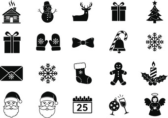 Christmas holiday icon collection with Santa, gifts, snowflakes, tree, reindeer, snowman, stocking, gingerbread, candle, festive winter celebration symbols