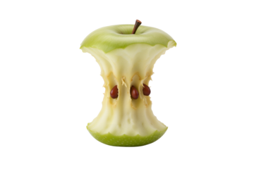 Eaten green apple core with visible seeds, isolated on transparent background, png