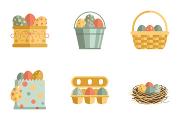 Flat vector icons for gifts, featuring basket, eggs, nest, representing easter holiday and spring celebration,