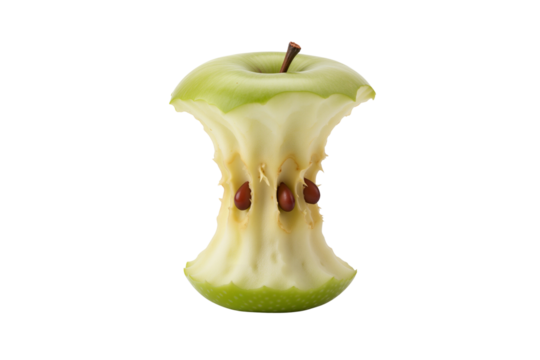 Eaten green apple core with visible seeds, isolated on transparent background, png