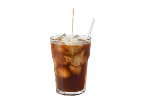 Chilled Brewed Coffee in a transparent cup against a white backdrop with creamy sweetness

