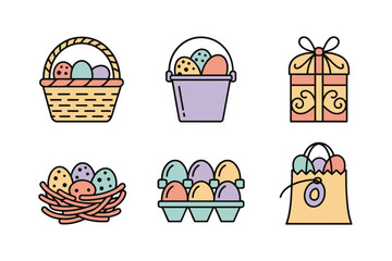 Flat color icons for gifts, illustrating basket, eggs, nest, representing easter holiday and spring celebration,