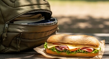 A ham and cheese sandwich for an outdoor lunch break. Fresh sub on a wooden table next to a green tactical backpack. Picnic and hiking food concept