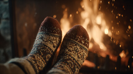 Cozy winter evening by the fireplace, feet in warm knitted socks, creating a relaxing atmosphere.