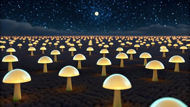 Enchanted forest glowing mushrooms under a starry night sky with moon - Powered by Adobe