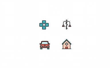 Obraz premium Insurance and assurance icon set. Containing healthcare medical, life, car, home, travel insurance icons. Solid icons vector collection. High quality