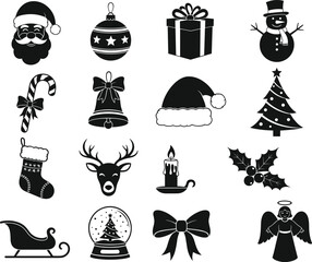 Christmas holiday icon set featuring Santa, ornament, gift box, snowman, tree, stocking, reindeer, candle, holly, sleigh, bow, angel symbols