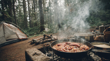 Delicious meal being cooked over a campfire at a serene campsite in a lush forest surrounded by nature.