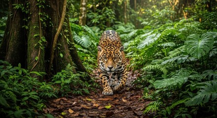 Jaguar walking through a lush rainforest powerful predator in its natural habitat wildlife photography