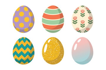 Detailed flat vector icons for spring, showing various patterned eggs, representing easter celebration and holiday season,