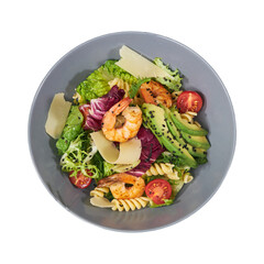 Delectable shrimp and pasta salad featuring fresh greens cherry tomatoes and shaved parmesan cheese