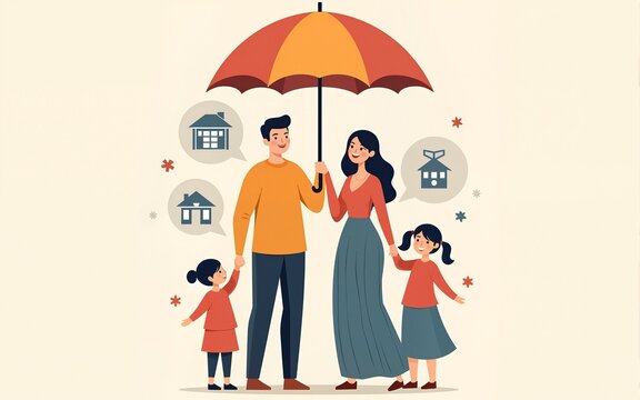 Happy family standing under umbrella with insurance protection icons for home car health and life security concept. High quality